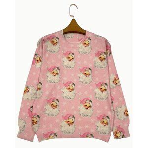 NWT Pink Santa Claus Crewneck Printed Lightweight Sweater Size Large